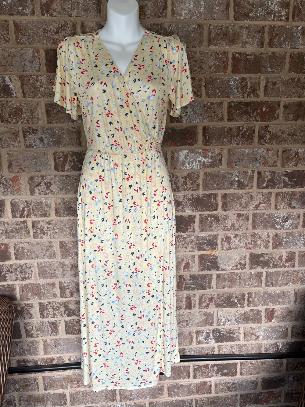 French Connection Pale Yellow Floral Wrap-Style Maxi Dress